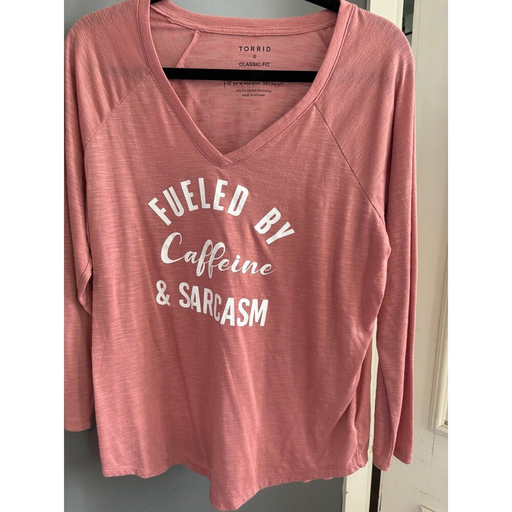 Torrid size 0 peach pink long sleeve fueled by coffee sarcasm long sleeve shirt